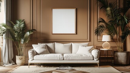A living room with a white couch, a white framed picture, and a lamp. The room has a warm and inviting atmosphere