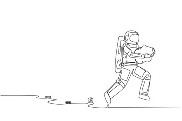 Continuous one line drawing young astronaut running while carrying a piggy bank with coins scattered around. Saving space expedition investments. Cosmonaut. Single line draw design vector illustration
