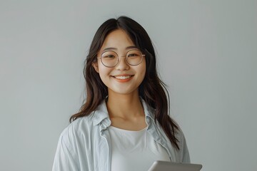 Smiling Young Asian Woman with Glasses Holding a Tablet