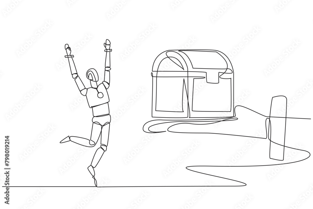 Poster continuous one line drawing robot was excited to get the treasure chest from the giant hand. valuabl