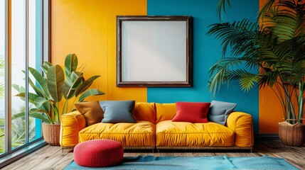 A living room with a yellow couch and a blue wall. The couch is covered in pillows and a red ottoman. A large picture frame is on the wall. The room has a tropical feel with a potted plant
