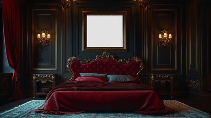 A large red bed with a white frame and a red blanket. The room is decorated in a dark color scheme with gold accents