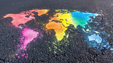 World map made of multi-colored chalks on the asphalt