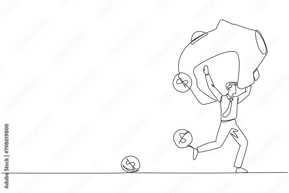 Poster continuous one line drawing businessman running lifting piggy bank on shoulders. dollar symbol coin 