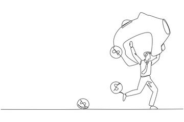 Continuous one line drawing businessman running lifting piggy bank on shoulders. Dollar symbol coin falling. Leak has occurred. Saving financial condition. Single line draw design vector illustration