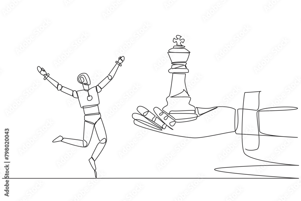 Aufkleber continuous one line drawing a robot excited to get king's chess piece from giant hand. get the best 