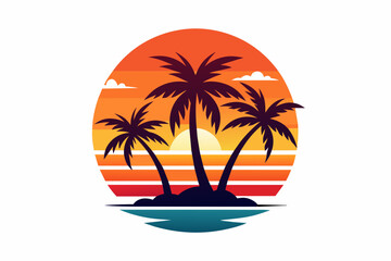 Craft a striking logo featuring a Hawaiian sunset, palm treesrant hues, set against a clean Minimalist Vector Illustration 