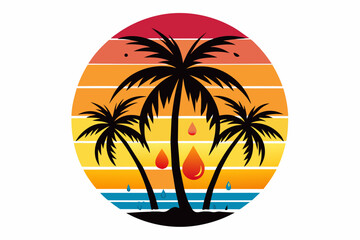 Craft a striking logo featuring a Hawaiian sunset, palm treesrant hues, set against a clean Minimalist Vector Illustration 