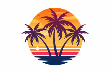 Craft a striking logo featuring a Hawaiian sunset, palm treesrant hues, set against a clean Minimalist Vector Illustration 