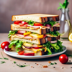 club sandwich with ham cheese vegetables and salad on a brown background side view