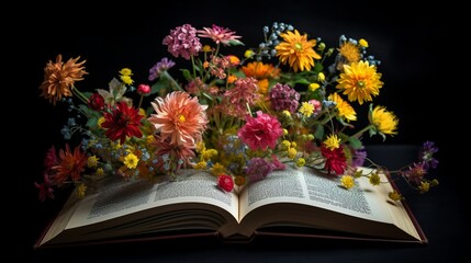 Open book adorned with vibrant, colorful flowers sprouting from its pages, embodying the essence of imagination and creativity