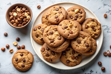 freshly baked homemade chocolate chip cookies served on a plate on a white wooden table, top view