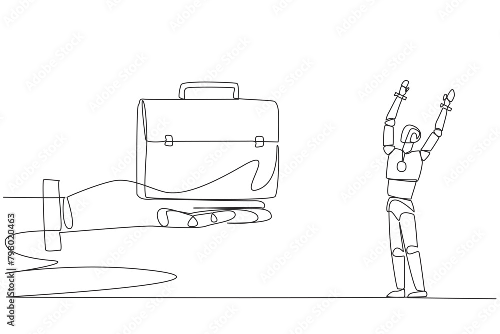 Poster single continuous line drawing a robot excited to get the briefcase from giant hand. marketing robot
