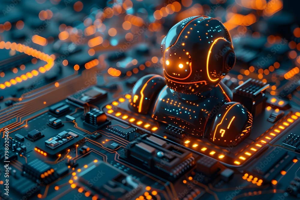 Poster retro futuristic robot on circuit board