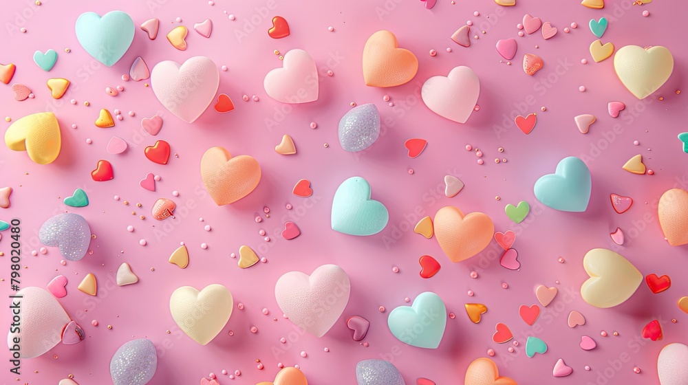 Poster a vibrant scene unfolds on a soft pastel pink backdrop adorned with a playful array of colorful hear