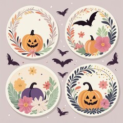  Circular Floral Wreath Stickers adorned with classic Halloween
