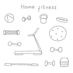 Home fitness set, equipment, vector illustration, hand drawing doodles
