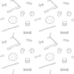 Home fitness seamless pattern, equipment, vector illustration, hand drawing doodles