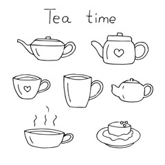 Tea time, set of dishes, vector illustration hand drawn doodles