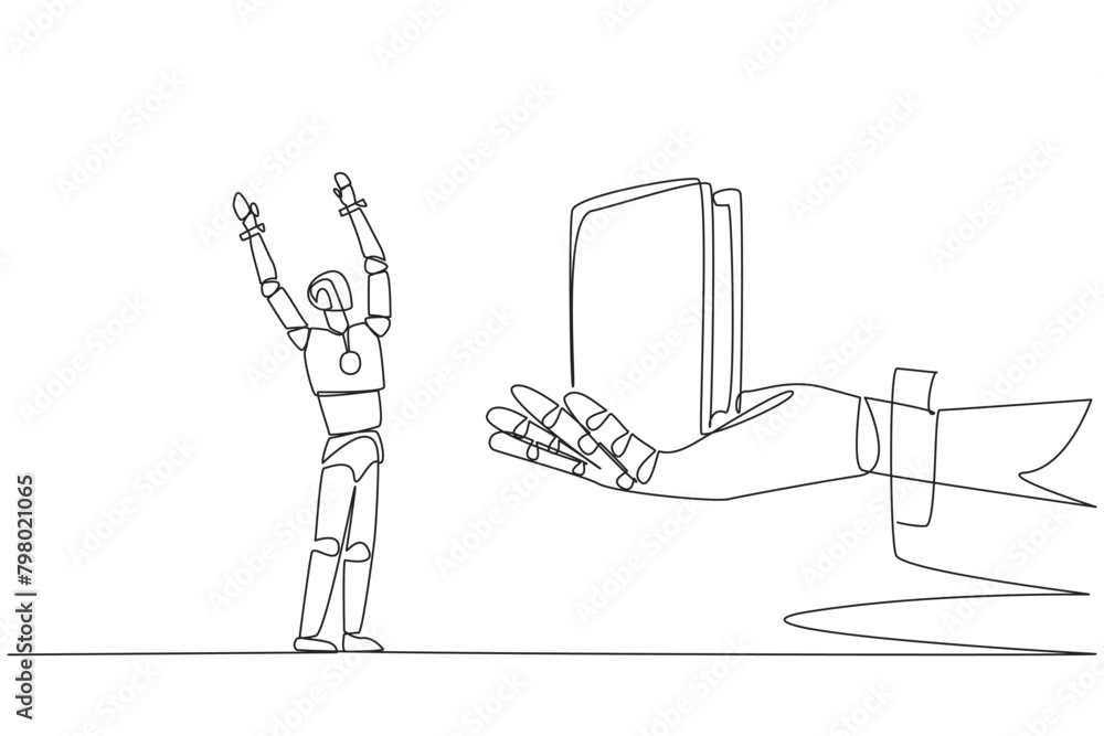 Poster continuous one line drawing robot was excited to get a wallet from the giant hand. a compact place t