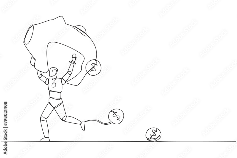 Poster single continuous line drawing robot running lifting piggy bank on shoulders. dollar symbol coin fal