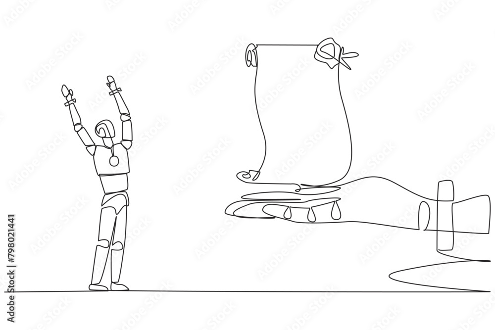 Aufkleber continuous one line drawing robot was excited to get roll of stamped paper from the giant hand. tran