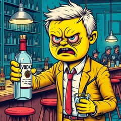 A vector style detailed drawing of a yellow-skinned cartoon man, looking drunk, gripping a vodka bottle © 나민 윤