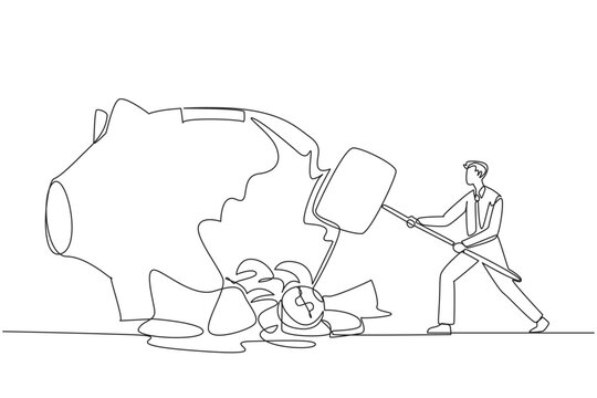 Single one line drawing businessman hit big piggy bank with a big hammer until it cracked. Coins scattered around. Urgent needs. Save the office. Bankrupt. Continuous line design graphic illustration