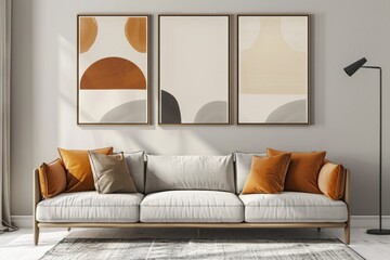 Framed Poster. Minimalist Living Room Interior Design with Elegant Sofa Decor