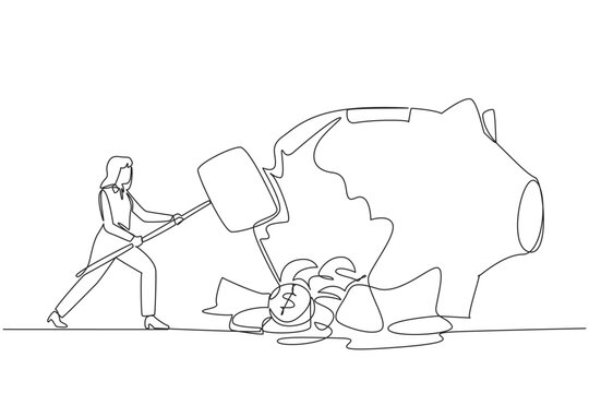 Continuous one line drawing businesswoman hit big piggy bank with big hammer until it cracked. Coins scattered around. Financial difficulties. Take savings. Single line draw design vector illustration