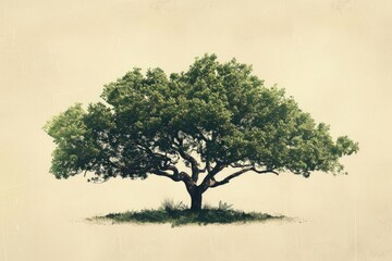 Vintage Tree. Isolated Illustration of Lush Green Tree with White Leaves