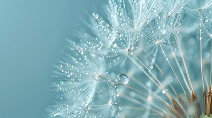 Strange Nature. Calmness and Tranquility in Fluffy Dandelion Seeds with Water Drops