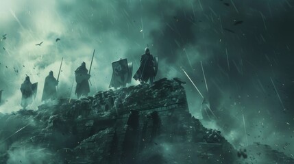 In the midst of a dark apocalyptic storm a group of stal warriors stand guard atop a crumbling fortress. With swords raised and shields . . - obrazy, fototapety, plakaty