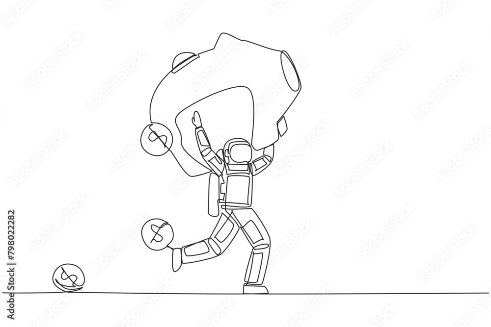 Poster continuous one line drawing astronaut running lifting piggy bank on shoulders. dollar symbol coin fa