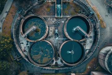 A drone image looking down on a water treatment facility, illustrating modern infrastructure for clean water supply and environmental stewardship.

