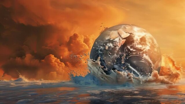 Surreal vision of Earth with half submerged in turbulent water, set against a fiery sky, Concept of climate change and rising sea levels
