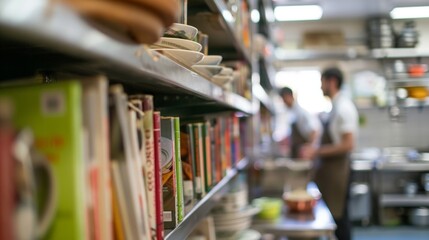 Hazy shelves stacked with cookbooks and es as aspiring chefs intently listen to their instructors lesson on flavor profiles and cooking techniques in a defocused culinary classroom. .