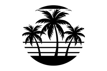 Craft a striking logo featuring a Hawaiian sunset, palm treesrant hues, set against a cleanMinimalist Vector Illustration Silhouetted