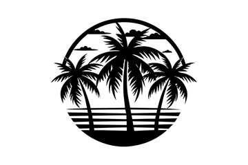 Craft a striking logo featuring a Hawaiian sunset, palm treesrant hues, set against a cleanMinimalist Vector Illustration Silhouetted