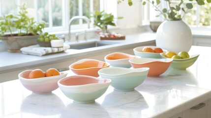 A set of ceramic fruit bowls in a gradient of pastel colors bringing a touch of whimsy to any kitchen counter..