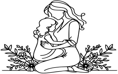 International Women's Day card, woman holding her daughter in heart with continuous one black outline line drawing Happy mothers day