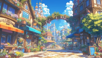 Vibrant and colorful street scene in the style of an animated game, featuring cobblestone streets lined with quaint shops and cafes, surrounded by charming buildings adorned with hanging flowers