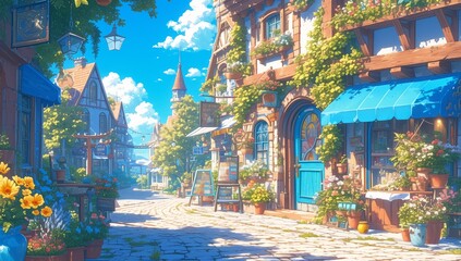 Vibrant and colorful street scene in the style of an animated game, featuring cobblestone streets lined with quaint shops and cafes, surrounded by charming buildings adorned with hanging flowers