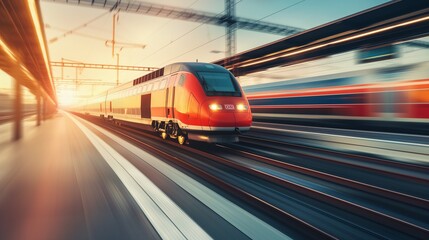 High speed train in motion on the railway station at sunset. Fast moving modern passenger train on railway platform. Railroad with motion blur effect. Futuristic high speed train.