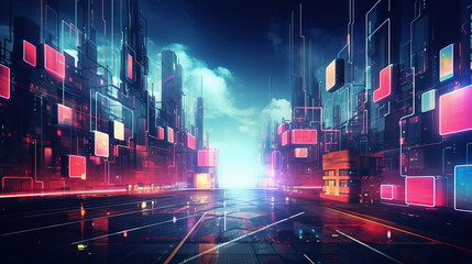 Neon technology city business concept with skyscraper buildings and virtual network connection. - 798024247