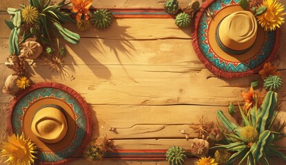 wooden table with cactus and sombrero, mexican background