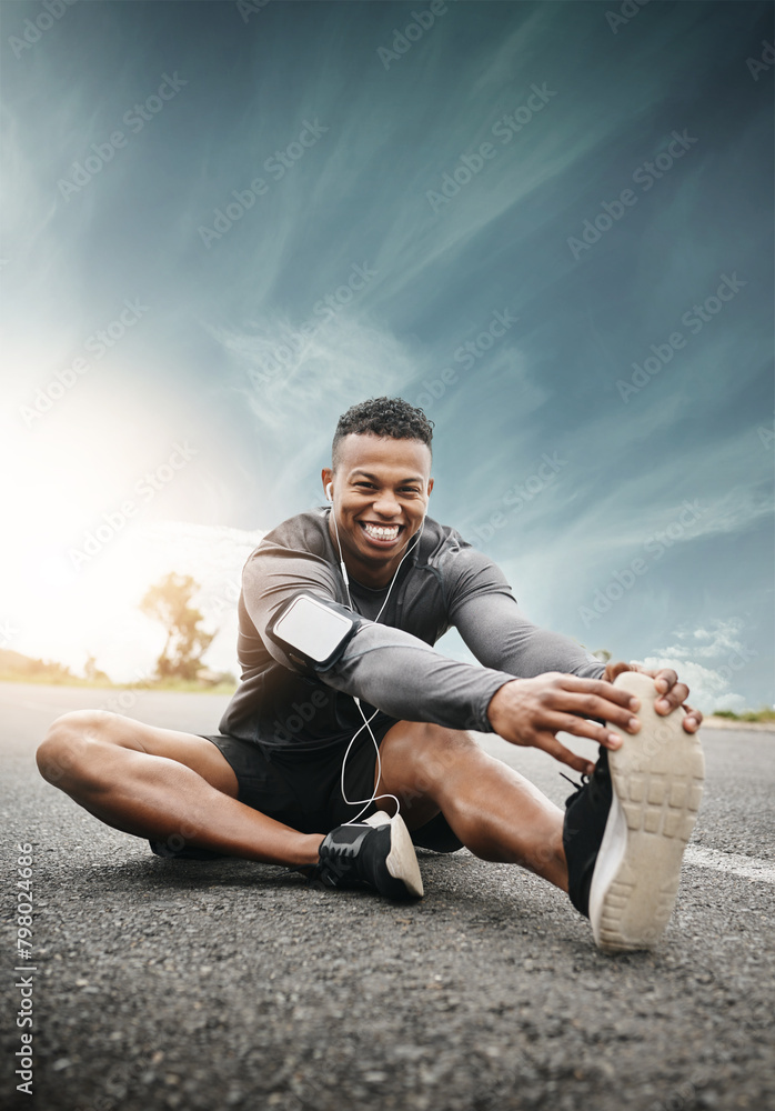 Sticker Exercise, stretching legs and man in portrait for fitness, hobby and workout before running outdoor. Male athlete, headset and training for health, wellness and flexibility with endurance on road