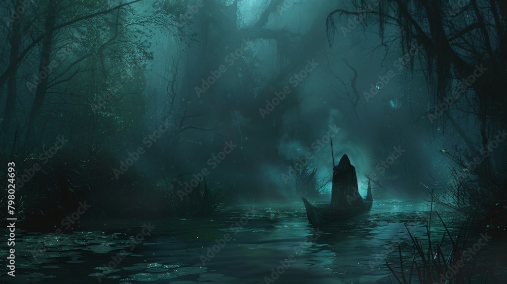 Poster in a deep murky swamp a sorcerer struggles against dark shadowy creatures as they try to retrieve a 