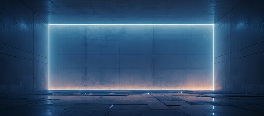Abstract futuristic background with neon blue and orange light on dark concrete wall in empty room with floor reflection
