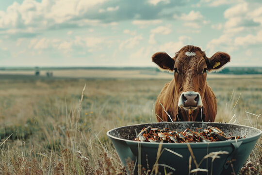 A framed photo featuring a beef cow and a bunch of edible insects in a roasting pan, with a farm in the background, highlighting alternative protein sources and sustainable food practices.

